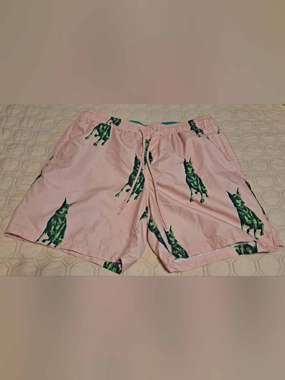 Men's Pink Swim Shorts with Green Dog Print Doberman Sz L